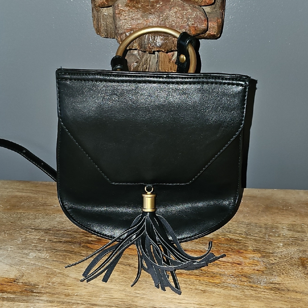 Big Buddha Elegant Mini Black Faux Leather Waist Hip Crossbody Bag with Tassel